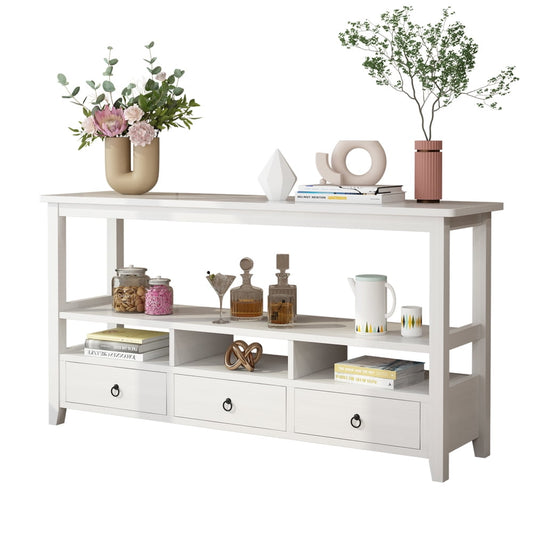 COOKCOK Console Table with 3 Drawers, Industrial Sofa Table, Entryway Table with 3-Tier Storage Shelves, TV Console TV Stand for Hallyway, Living Room, White