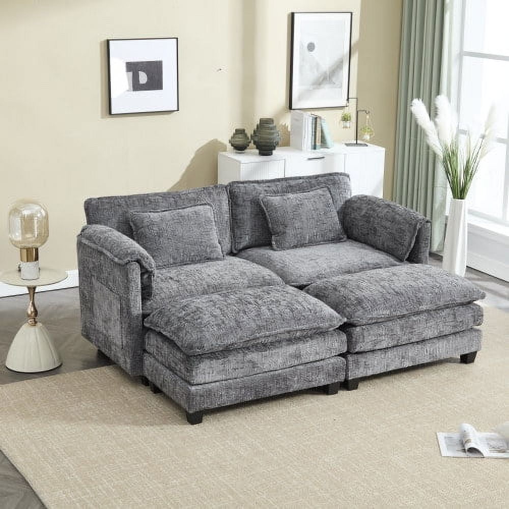 COOKCOK Deep Seat Loveseat with 2 Ottomans, Sectional Loveseat Couch Modular Sofa, Modern Double Layer Upholstered Loveseat Sofa, 2 Deep Seater Couch for Living Room, Gray
