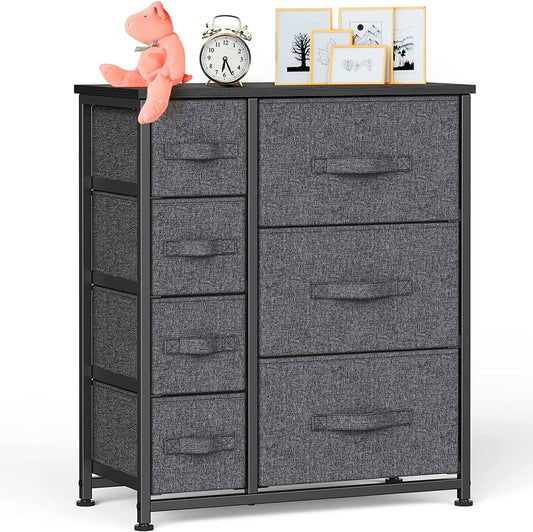 COOKCOK Fabric Dresser with 7 Drawers,Storage Tower Drawer Dresser for Bedroom, Closets, Bedroom, Nursery Room, Hallway, Entryway, with Wood Top and Easy Pull Handle,Dark Grey