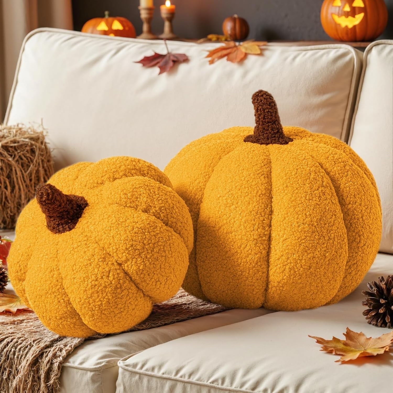 COOKCOK Fall Pumpkin Pillows Set of 2, Halloween Decoration Plush Throw Pillows Soft Fleece Sherpa Cute 3D Shaped Cushion for Sofa Couch Bedroom Autumn Thanksgiving, 12.6x8.7in & 9x5.9in, Orange