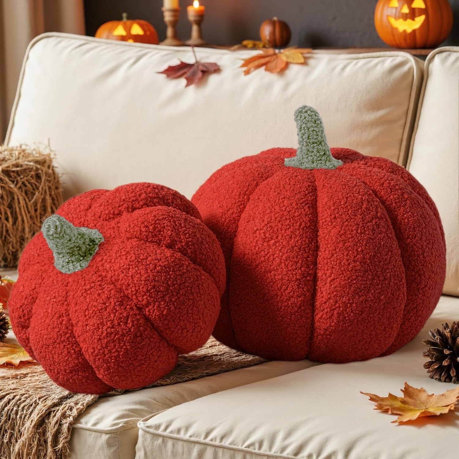 COOKCOK Fall Pumpkin Pillows Set of 2, Halloween Decoration Plush Throw Pillows Soft Fleece Sherpa Cute 3D Shaped Cushion for Sofa Couch Bedroom Autumn Thanksgiving, 12.6x8.7in & 9x5.9in, Orange