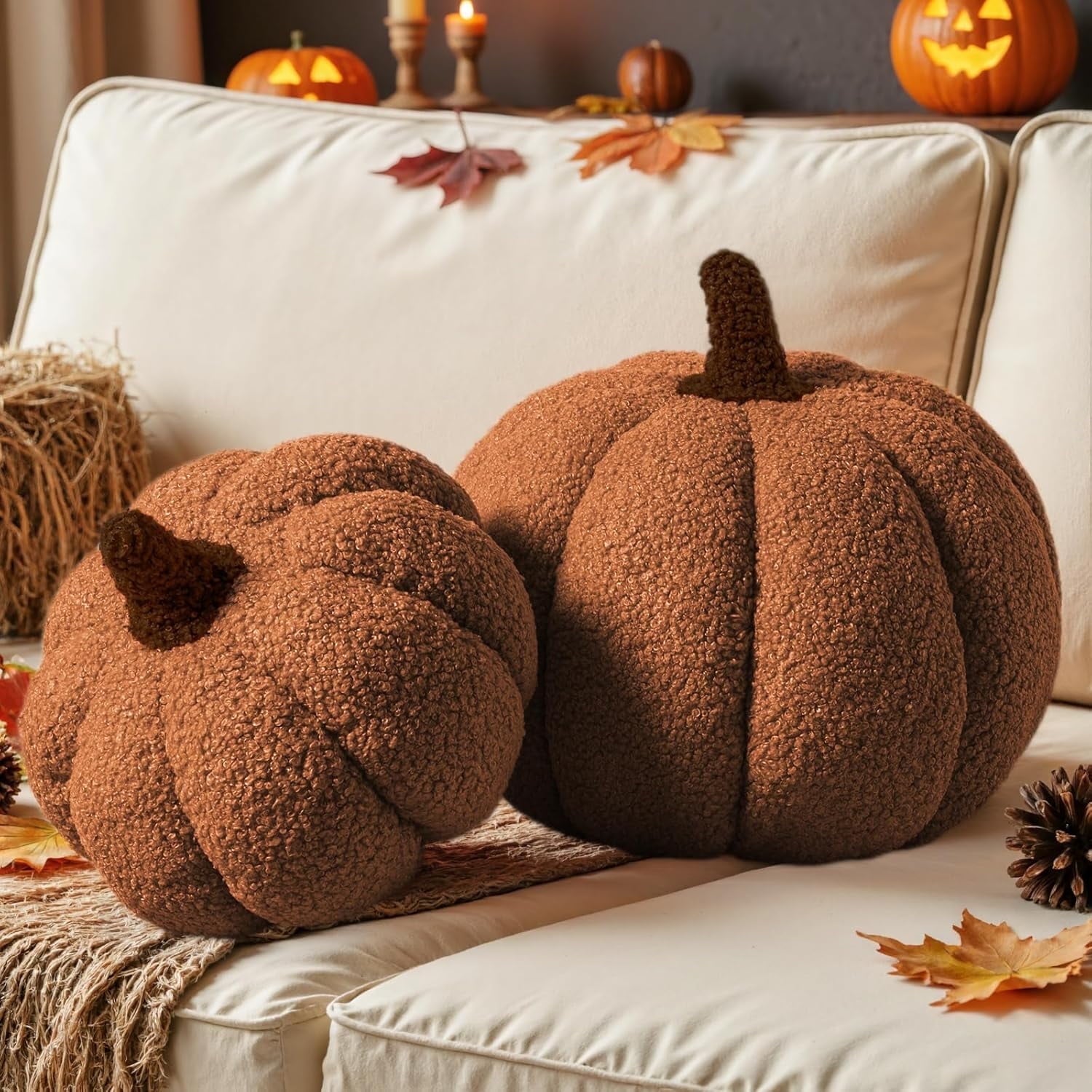 COOKCOK Fall Pumpkin Pillows Set of 2, Halloween Decoration Plush Throw Pillows Soft Fleece Sherpa Cute 3D Shaped Cushion for Sofa Couch Bedroom Autumn Thanksgiving, 12.6x8.7in & 9x5.9in, Orange