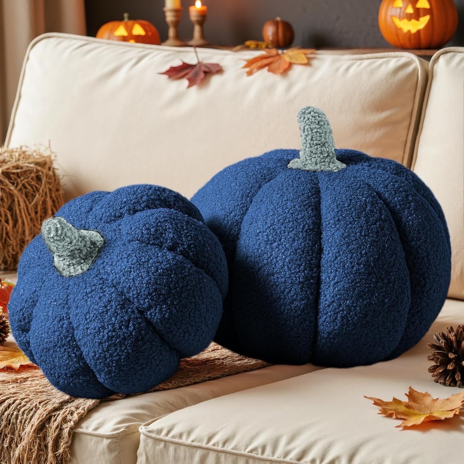 COOKCOK Fall Pumpkin Pillows Set of 2, Halloween Decoration Plush Throw Pillows Soft Fleece Sherpa Cute 3D Shaped Cushion for Sofa Couch Bedroom Autumn Thanksgiving, 12.6x8.7in & 9x5.9in, Orange