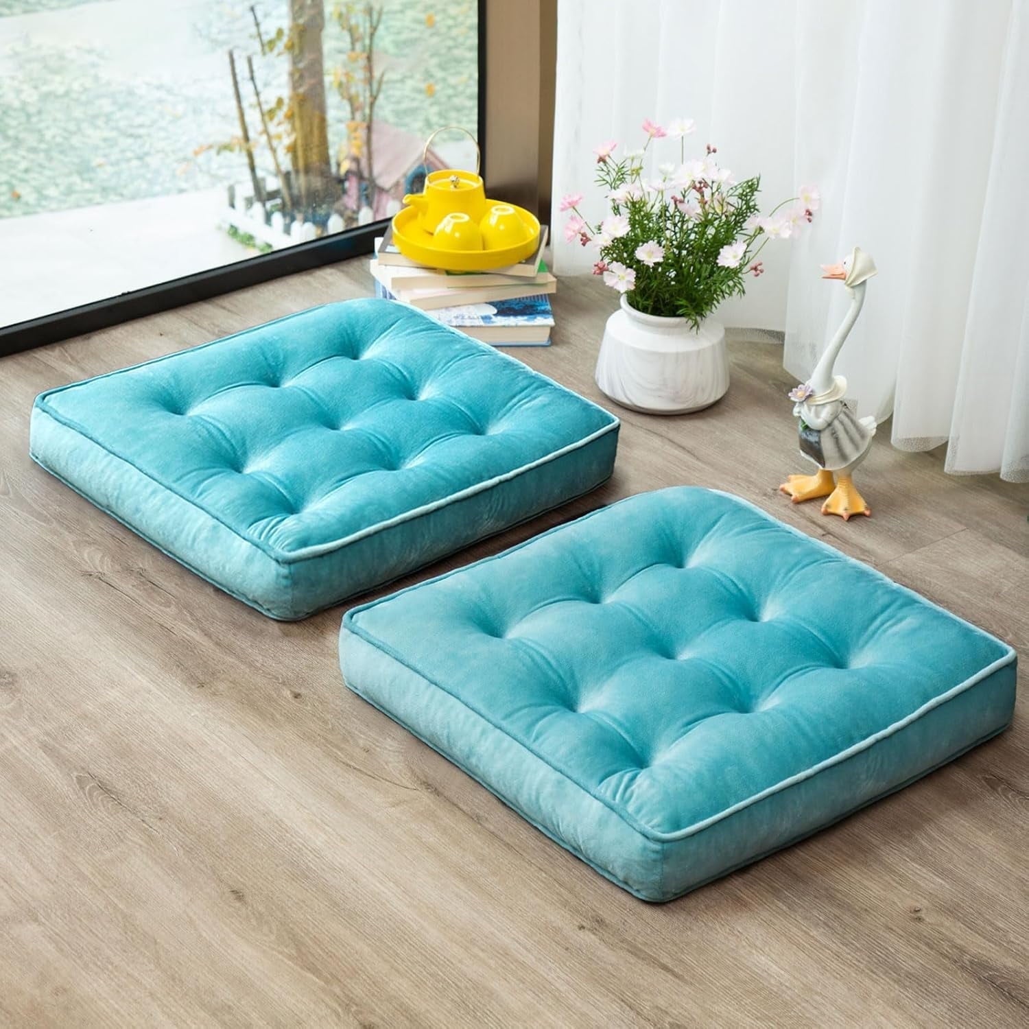 COOKCOK Floor Pillow Set of 2, Memory Foam Meditation Cushion, Floor Cushions for Adults Sitting, Large Square Seat Cushions for Yoga, Living Room, 20x20 Inch, Grey