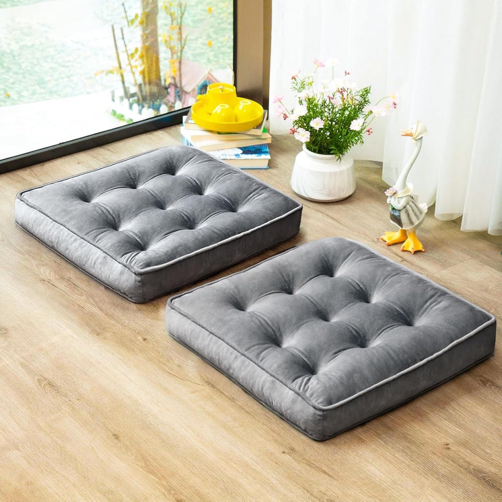 COOKCOK Floor Pillow Set of 2, Memory Foam Meditation Cushion, Floor Cushions for Adults Sitting, Large Square Seat Cushions for Yoga, Living Room, 20x20 Inch, Grey