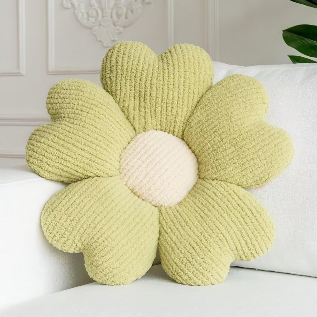 COOKCOK Flower Pillow, 15.7" Flower Shaped Throw Pillow, Daisy Plush Floor Pillow Seat Cushion Cute Aesthetic Decorative Throw Pillows for Bed Home Sofa Chair Couch Decor, Green