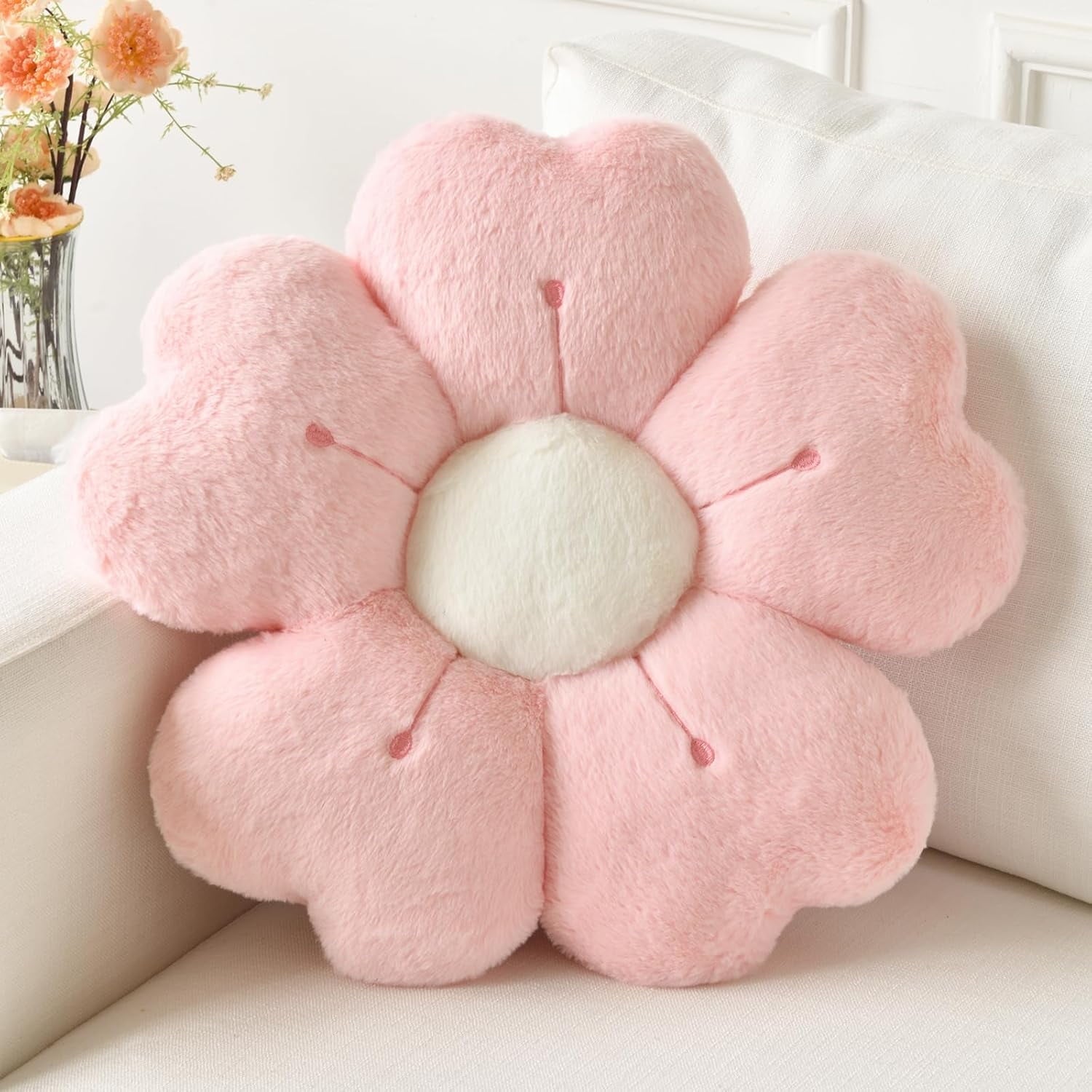 COOKCOK Flower Pillow, 15" Flower Shaped Throw Pillows for Bed Couch, Cute Daisy Flower Pillows Seating Cushions with Room Decor for Bedroom Living Room, White