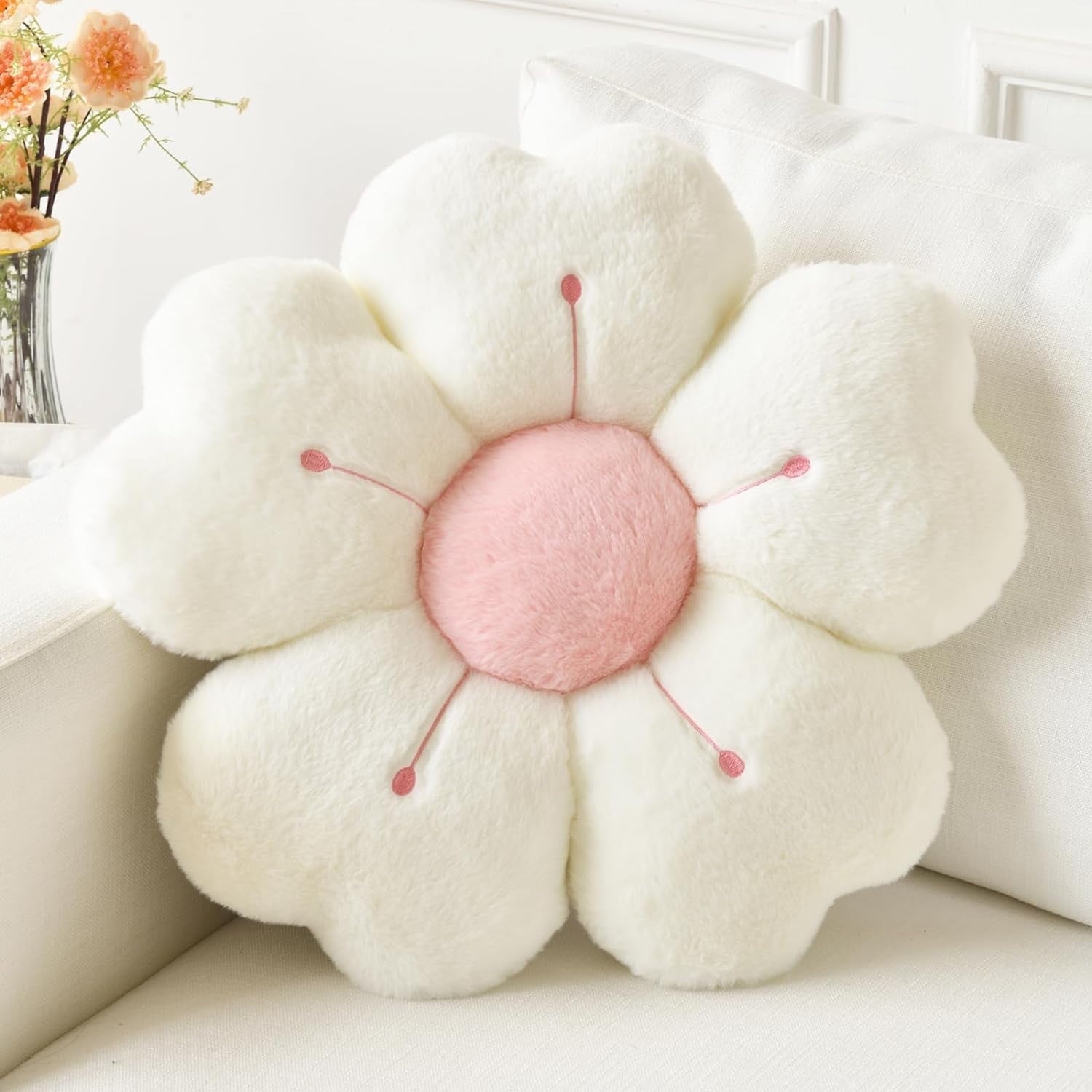 COOKCOK Flower Pillow, 15" Flower Shaped Throw Pillows for Bed Couch, Cute Daisy Flower Pillows Seating Cushions with Room Decor for Bedroom Living Room, White