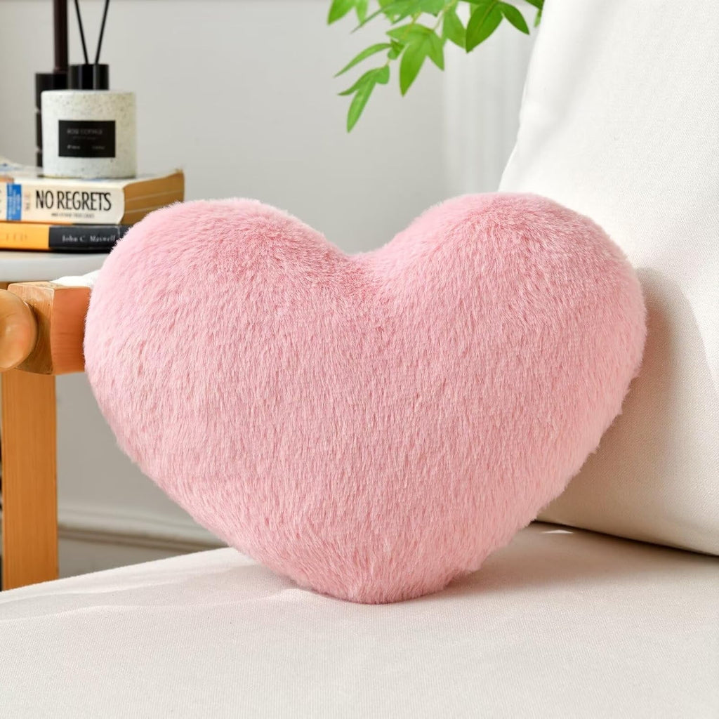 COOKCOK Heart Pillow, Pink Throw Pillows for Bed Couch, 13" x 10" Cute Faux Rabbit Fur Small Pillow for Women Valentine Anniversary Fall Halloween Christmas Home Decor