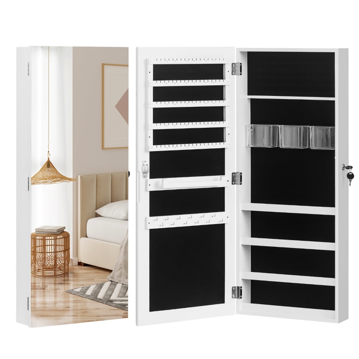 COOKCOK Jewelry Armoire with Full Length Mirror, Wall/Door Mounted Armoire Cabinet, PVC Wood Jewelry Storage for Necklaces, Earrings, Cosmetic, White