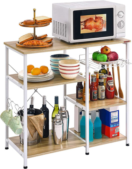 COOKCOK Kitchen Bakers Rack, Utility Storage Shelf, Microwave Oven Stand Shelf with Hooks, 3-Tier+3-Tier Table for Kitchen Organizer, Beige