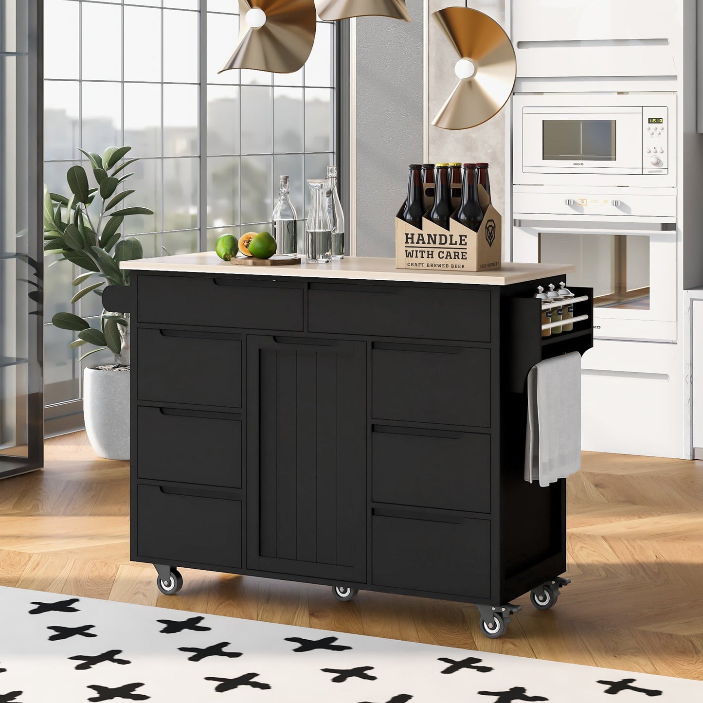 COOKCOK Kitchen Cart with Wood Countertop, Rolling Kitchen Storage Cabinet on Wheels with 8 Handle-Free Drawers, Rolling Mobile Kitchen Island with Towel Rack, 53.2" Width, White