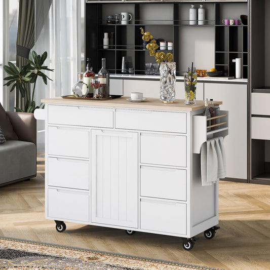 COOKCOK Kitchen Cart with Wood Countertop, Rolling Kitchen Storage Cabinet on Wheels with 8 Handle-Free Drawers, Rolling Mobile Kitchen Island with Towel Rack, 53.2" Width, White