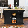 COOKCOK Kitchen Cart with Wood Countertop, Rolling Mobile Kitchen Island Cart with 5 Drawers, Open Storage Shelves, Towel Rack, 53" Width, Black
