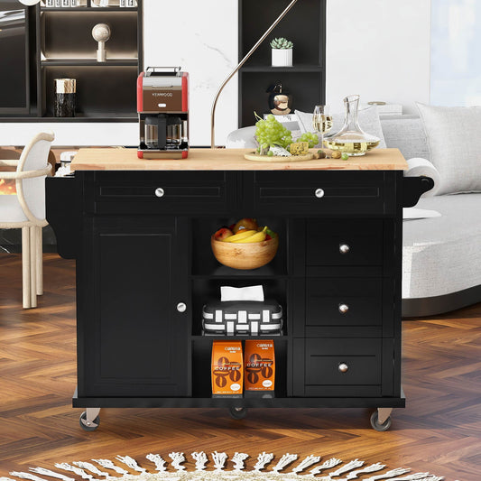 COOKCOK Kitchen Cart with Wood Countertop, Rolling Mobile Kitchen Island Cart with 5 Drawers, Open Storage Shelves, Towel Rack, 53" Width, Black