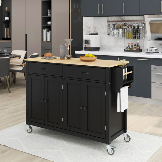 COOKCOK Kitchen Island Cart, Rolling Mobile Kitchen Island Cart with Wood Top and Locking Wheels, Storage Utility Cart with 4 Door Cabinet and Two Drawers, Spice Rack, Towel Rack, Black