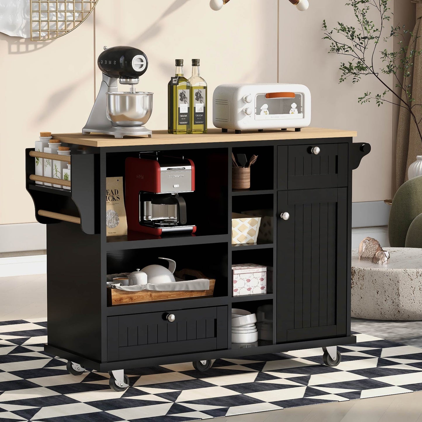 COOKCOK Kitchen Island Cart with Storage Cabinet, Rolling Mobile Kitchen Cart with Wood Desktop, Microwave Cabinet, Floor Standing Buffet Server Sideboard for Kitchen Room, Dining Room, White
