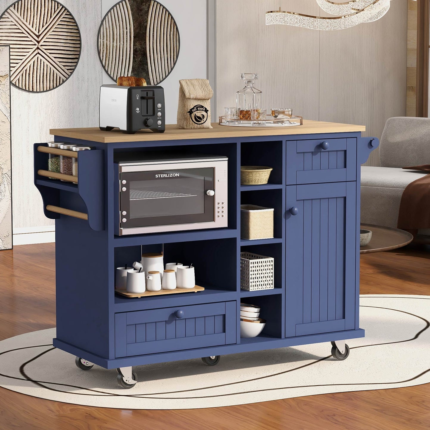 COOKCOK Kitchen Island Cart with Storage Cabinet, Rolling Mobile Kitchen Cart with Wood Desktop, Microwave Cabinet, Floor Standing Buffet Server Sideboard for Kitchen Room, Dining Room, White