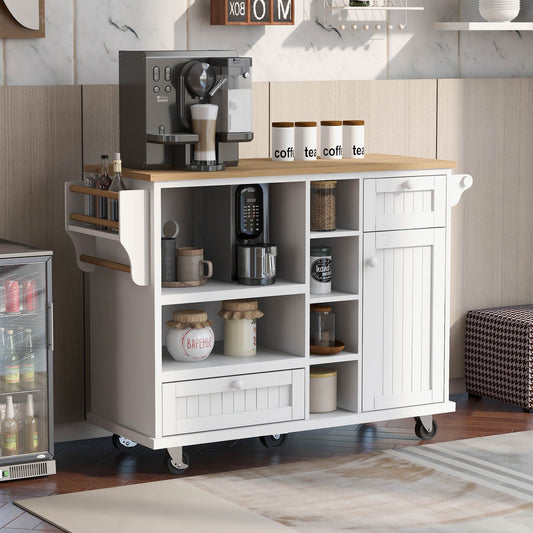 COOKCOK Kitchen Island Cart with Storage Cabinet, Rolling Mobile Kitchen Cart with Wood Desktop, Microwave Cabinet, Floor Standing Buffet Server Sideboard for Kitchen Room, Dining Room, White