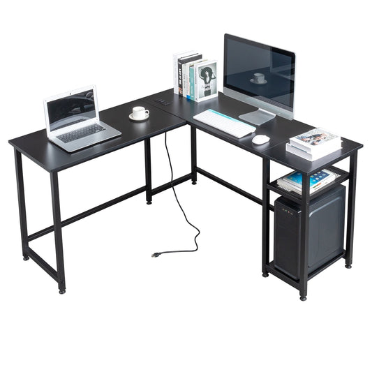 COOKCOK L Shaped Desk, 55" Computer Desk with Power Outlets, Reversible Corner Desk with Storage Shelves, Home Office Desk for Writing Gaming Study, Black