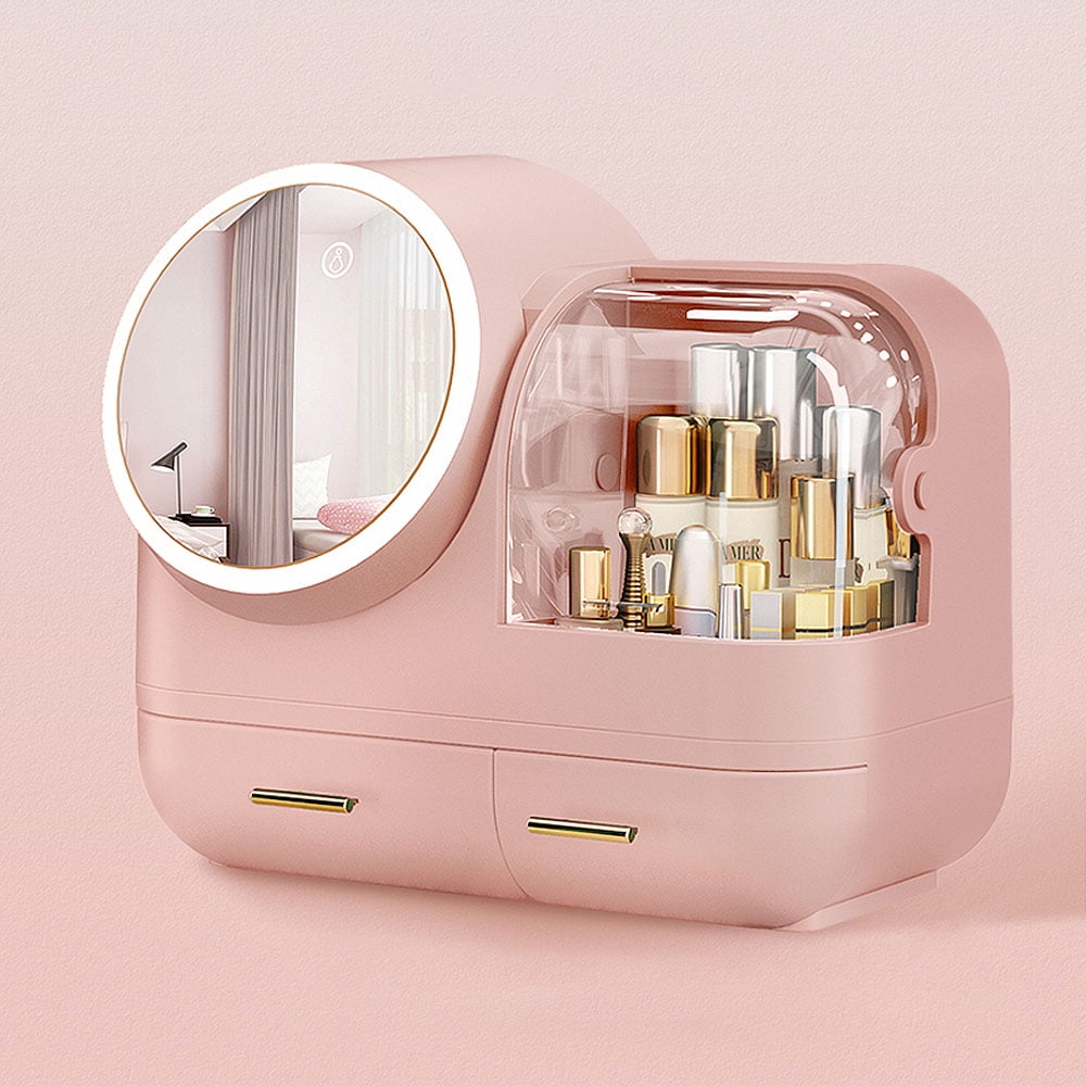 COOKCOK Makeup Storage Organizer,  Standing Countertop Multifunctional Cosmetic Organizer with Fan and 360° Rotating 3 Color Adjustable LED Mirror, White
