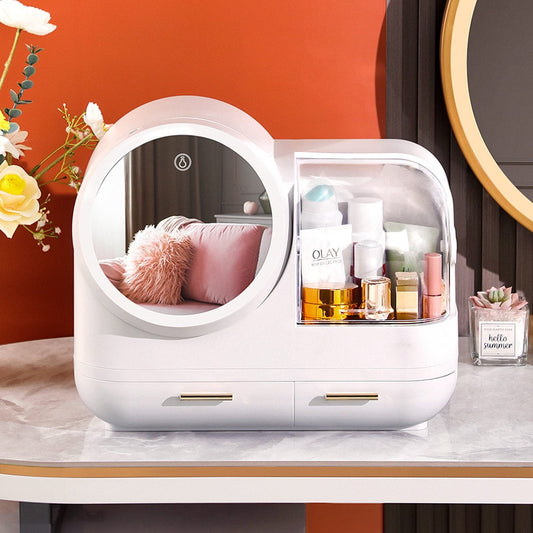 COOKCOK Makeup Storage Organizer,  Standing Countertop Multifunctional Cosmetic Organizer with Fan and 360° Rotating 3 Color Adjustable LED Mirror, White
