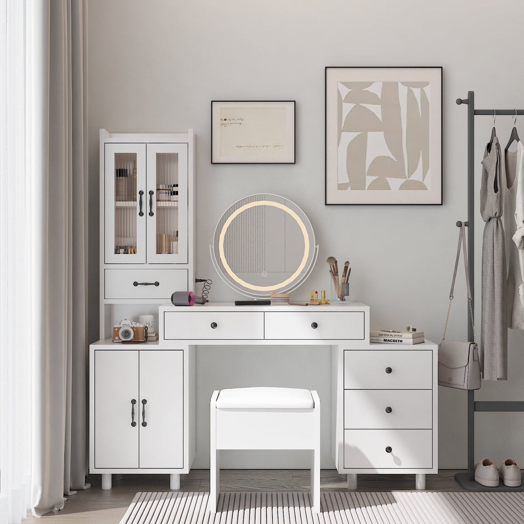 COOKCOK Makeup Vanity Desk with LED Mirror, Retractable Dressing Table with Power Outlets, Vanity Table with Side Cabinet and Nightstand, Storage Shelves, White