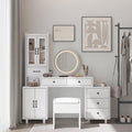 COOKCOK Makeup Vanity Desk with LED Mirror, Retractable Dressing Table with Power Outlets, Vanity Table with Side Cabinet and Nightstand, Storage Shelves, White