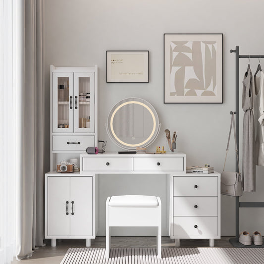COOKCOK Makeup Vanity Desk with LED Mirror, Retractable Dressing Table with Power Outlets, Vanity Table with Side Cabinet and Nightstand, Storage Shelves, White