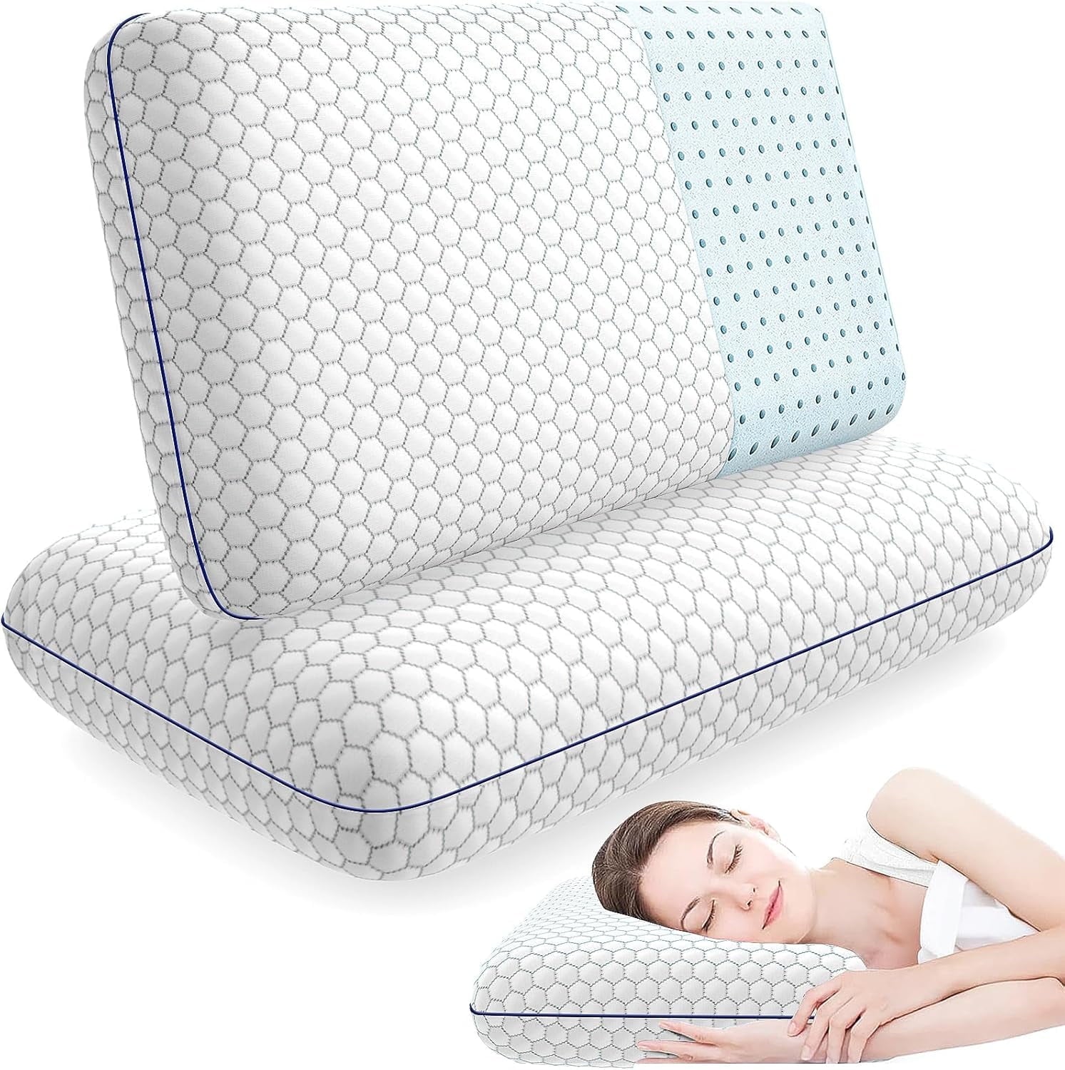 COOKCOK Memory Foam Pillows for Side, Back and Stomach Sleepers, Bed Pillow with Washable Cover and Breathable Mesh, Bed Pillow for Sleeping Standard Size