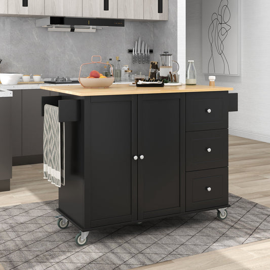 COOKCOK Mobile Kitchen Island Cart, Kitchen Cart with Wood Top and Drop Leaf Breakfast Bar, Rolling 52.7" Mobile Kitchen Island with Storage and Towel Rack, Drawers, Black