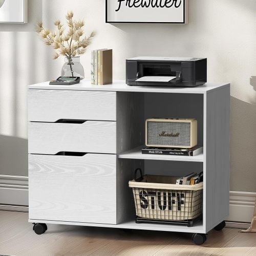 COOKCOK Mobile Wood Lateral File Cabinet with Wheels, Wood Storage Organizer with Drawers, Rolling Cabinet for Home Office, Printer Stand & Open Shelves, White