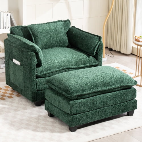 COOKCOK Oversized Accent Chair with Ottoman, Big Comfy Modular Cloud Accent Armchair for Living Room, Bedroom, Green