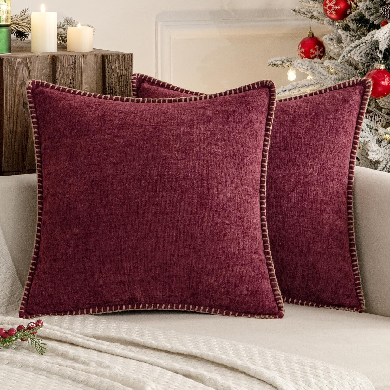 COOKCOK Pack of 2 Christmas Pillow Covers 18x18 Inch Dark Teal Farmhouse Decorative Throw Pillow Covers with Stitched Edge Soft Chenille Solid Dyed Couch Pillow Covers for Sofa Bed Living Room