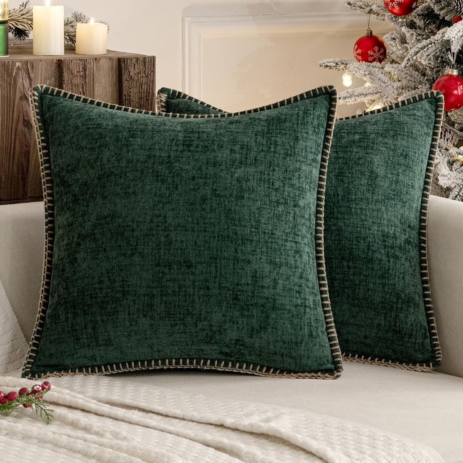 COOKCOK Pack of 2 Christmas Pillow Covers 18x18 Inch Dark Teal Farmhouse Decorative Throw Pillow Covers with Stitched Edge Soft Chenille Solid Dyed Couch Pillow Covers for Sofa Bed Living Room