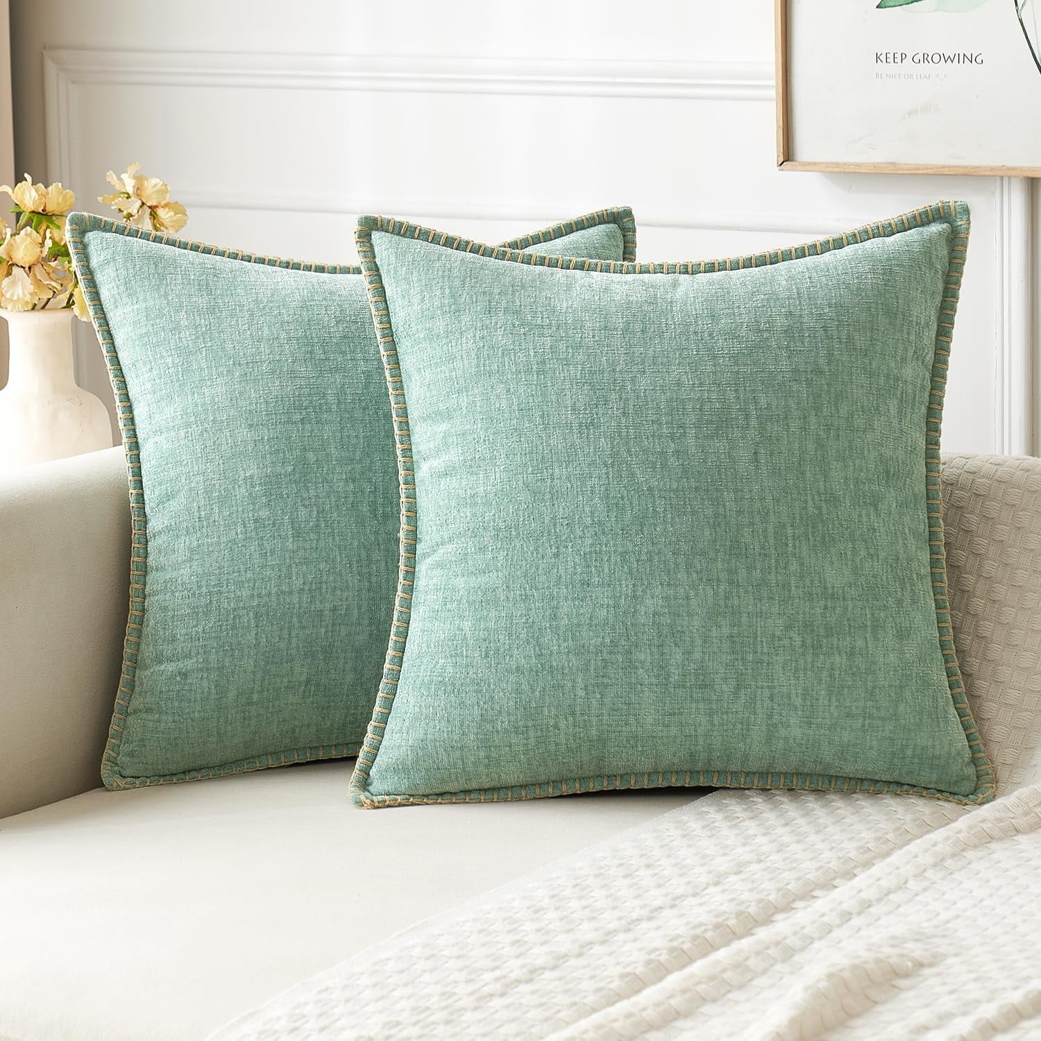 COOKCOK Pack of 2 Christmas Pillow Covers 18x18 Inch Dark Teal Farmhouse Decorative Throw Pillow Covers with Stitched Edge Soft Chenille Solid Dyed Couch Pillow Covers for Sofa Bed Living Room