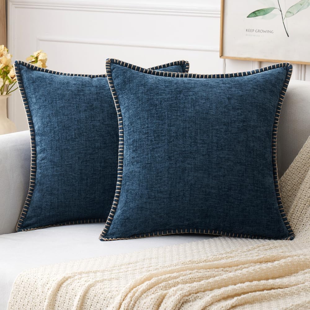 COOKCOK Pack of 2 Christmas Pillow Covers 18x18 Inch Dark Teal Farmhouse Decorative Throw Pillow Covers with Stitched Edge Soft Chenille Solid Dyed Couch Pillow Covers for Sofa Bed Living Room