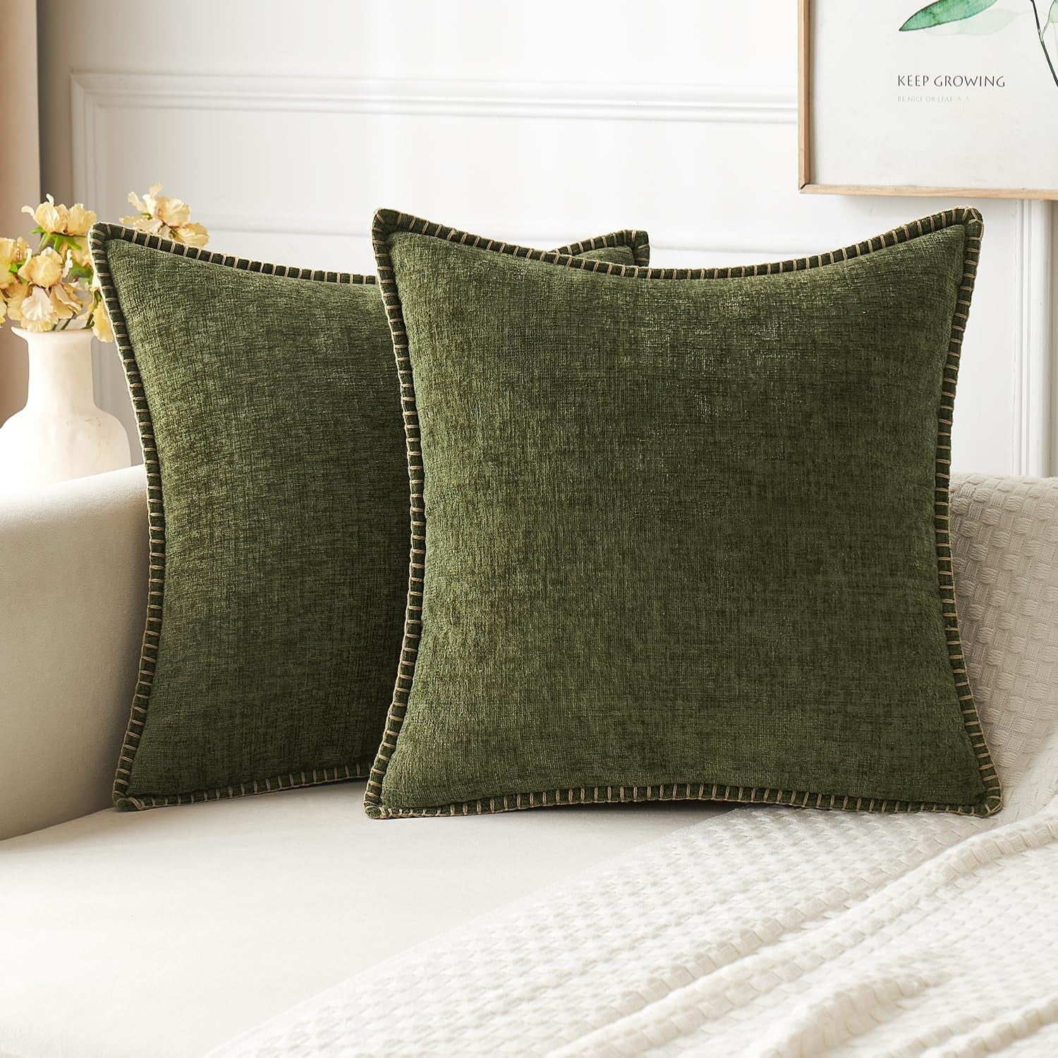 COOKCOK Pack of 2 Christmas Pillow Covers 18x18 Inch Dark Teal Farmhouse Decorative Throw Pillow Covers with Stitched Edge Soft Chenille Solid Dyed Couch Pillow Covers for Sofa Bed Living Room