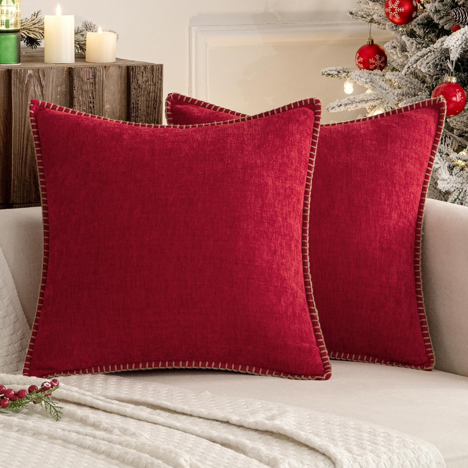 COOKCOK Pack of 2 Christmas Pillow Covers 18x18 Inch Dark Teal Farmhouse Decorative Throw Pillow Covers with Stitched Edge Soft Chenille Solid Dyed Couch Pillow Covers for Sofa Bed Living Room