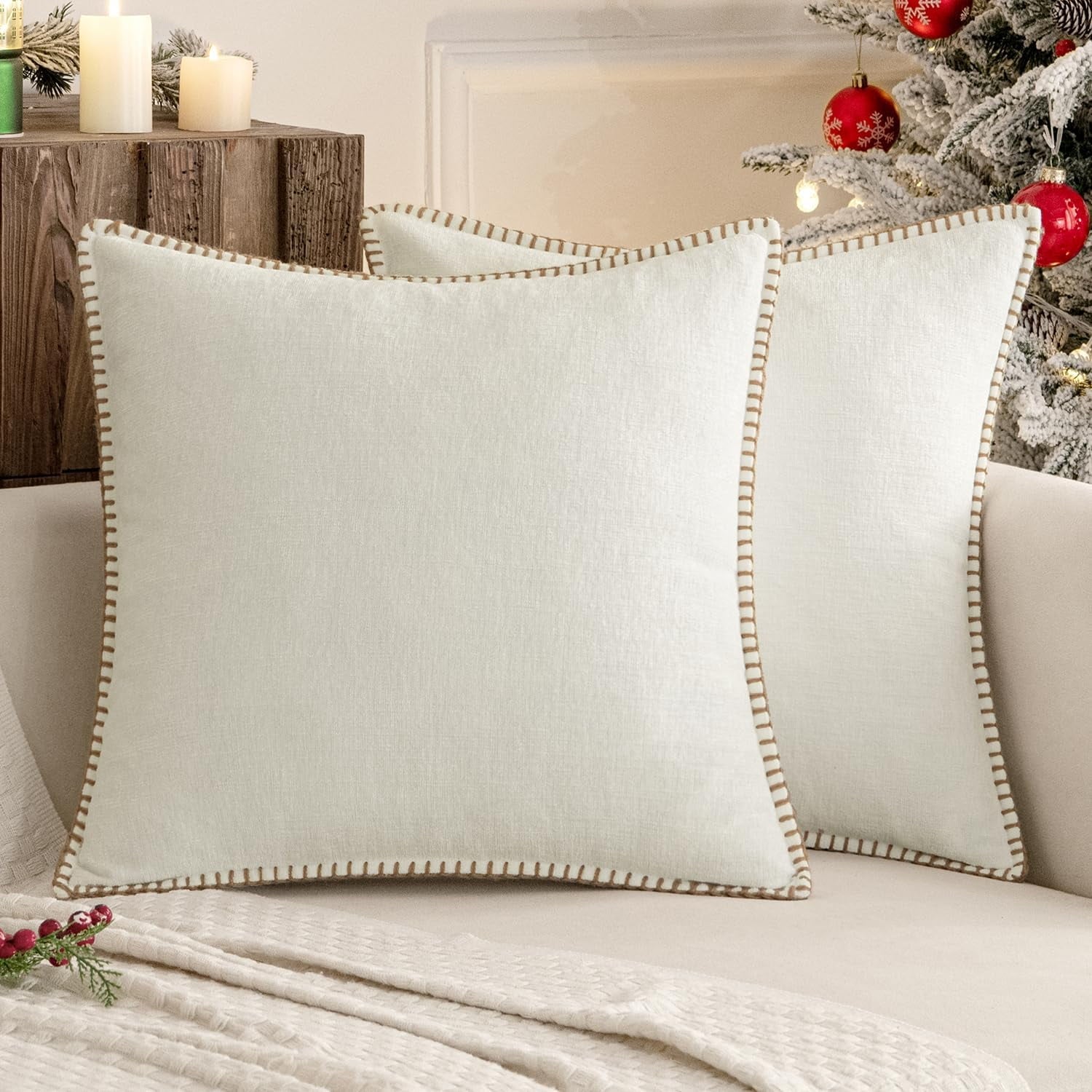 COOKCOK Pack of 2 Christmas Pillow Covers 18x18 Inch Dark Teal Farmhouse Decorative Throw Pillow Covers with Stitched Edge Soft Chenille Solid Dyed Couch Pillow Covers for Sofa Bed Living Room