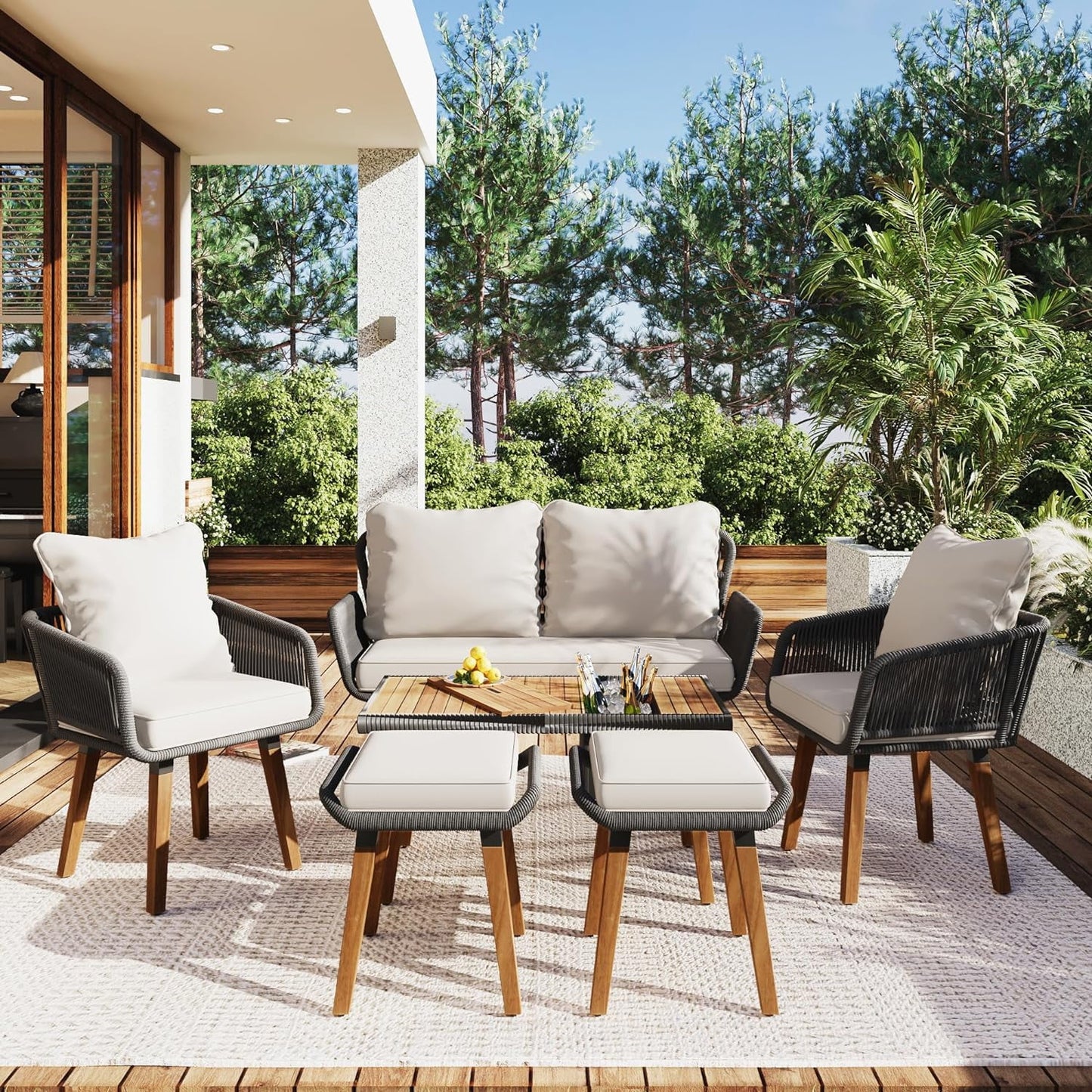 COOKCOK Patio Conversation Set, 6-Piece Rope Outdoor Furniture Set, Section Sofa Set with Acacia Wood Cool Bar Table with Ice Bucket, for Backyard/Porch/Balcony, Gray