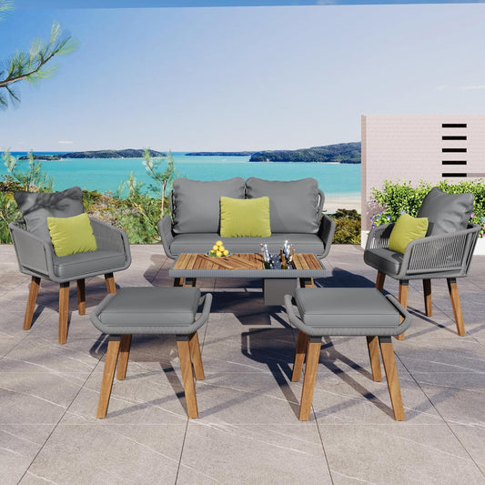 COOKCOK Patio Conversation Set, 6-Piece Rope Outdoor Furniture Set, Section Sofa Set with Acacia Wood Cool Bar Table with Ice Bucket, for Backyard/Porch/Balcony, Gray