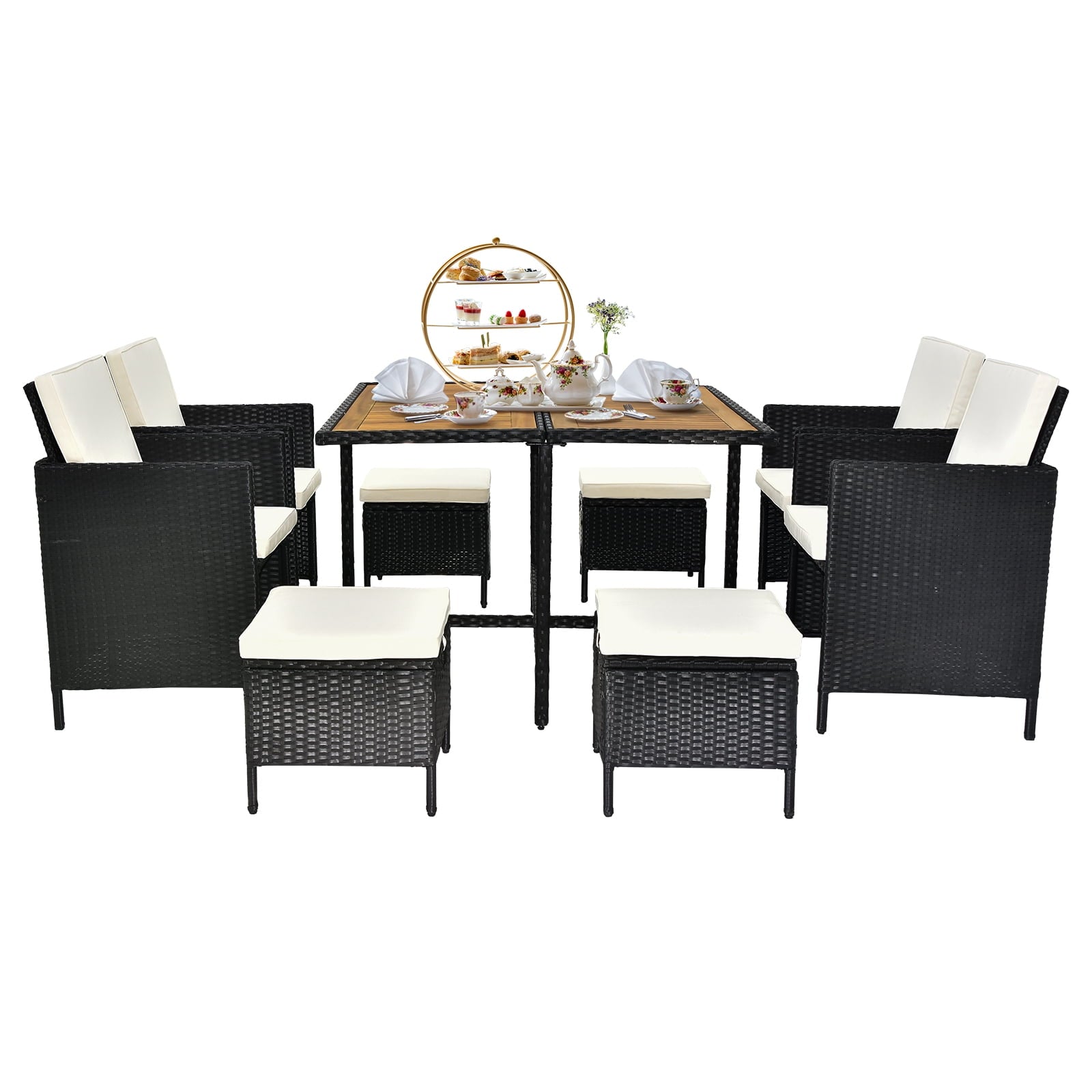 COOKCOK  Patio Dining Table Set, 9 Piece Outdoor Furniture Sets, Black Wicker Rattan Dining Table and Chairs Set, Patio Conversation Set with Cushions for Garden & Backyard, Beige