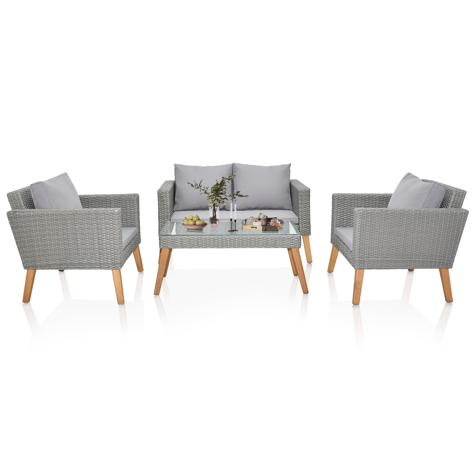 COOKCOK Patio Furniture Set, 4 Piece Garden Conversation Set, Outdoor  Patio Loveseats with Resin Rattan Table for Porch, Poolside, Gray