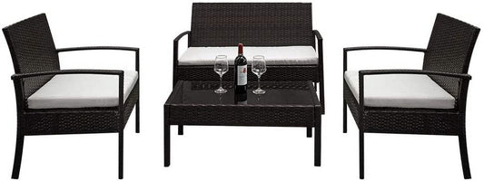 COOKCOK Patio Furniture Sets of 4, PE Rattan Conversation Furniture Set w/2pcs Arm Chairs 1pc Love Seat & Tempered Glass Coffee Table, Rattan Sofa Conversation Sets for Garden, Patio, Poolside, Brown