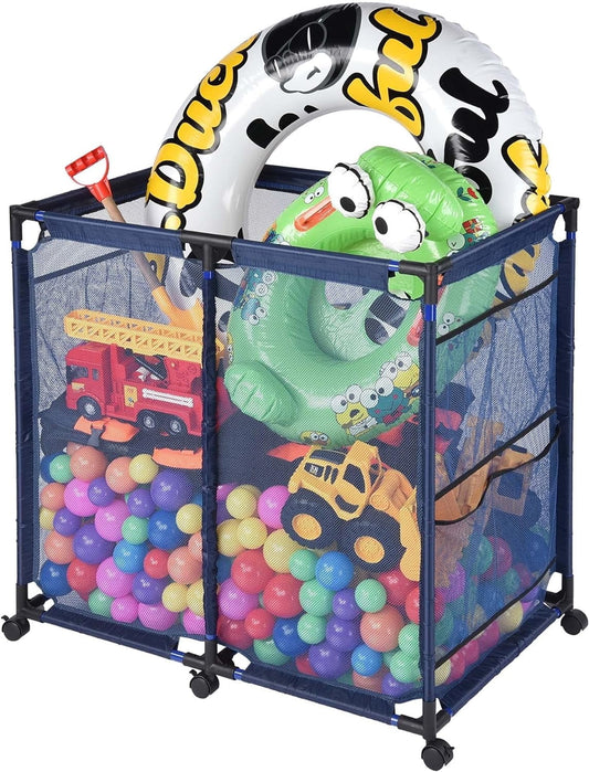 COOKCOK Pool Storage Bin Cart, Rolling Pool Storage Mesh Basket Organizer, Large Capacity Swim Accessories Holder for Pool Balls, Noodles, Floats, Beach Towels, 36" L x24 W x 35"H, Blue