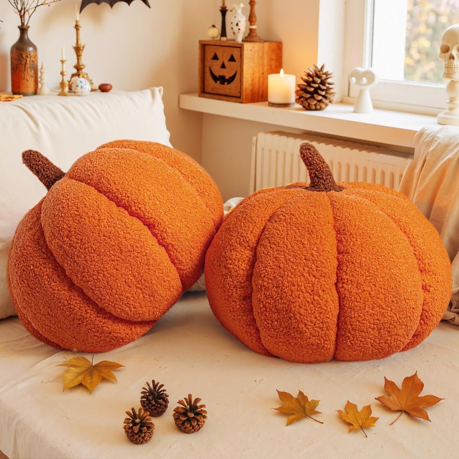 COOKCOK Pumpkin Pillows, Fall Pumpkin Pillow Set of 2, Large Size Throw Pillows Room Halloween Decoration Gifts, Teddy Fleece 14.2x10.2inch Accent Cushion for Holiday, Friends Gift, Yellow