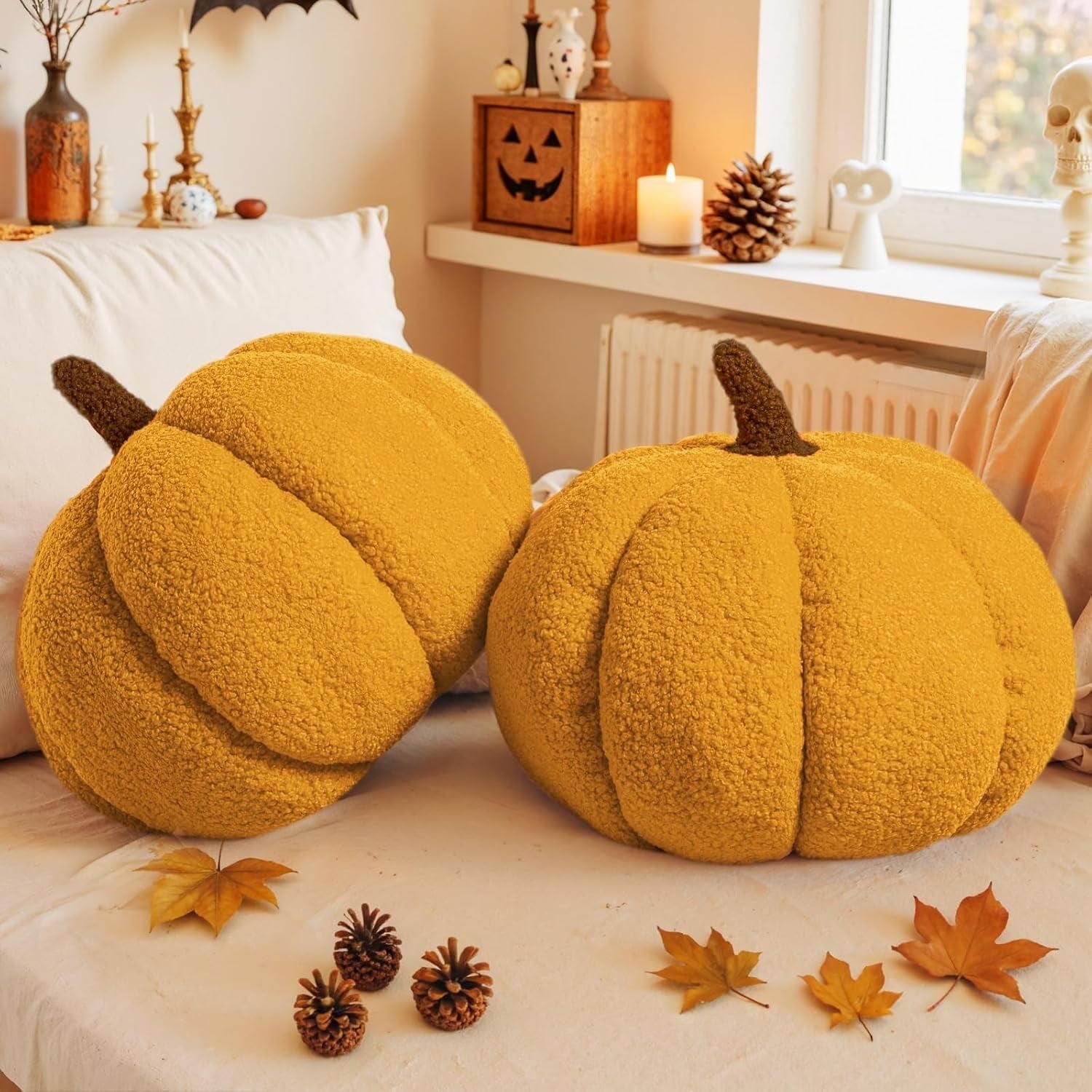 COOKCOK Pumpkin Pillows, Fall Pumpkin Pillow Set of 2, Large Size Throw Pillows Room Halloween Decoration Gifts, Teddy Fleece 14.2x10.2inch Accent Cushion for Holiday, Friends Gift, Orange