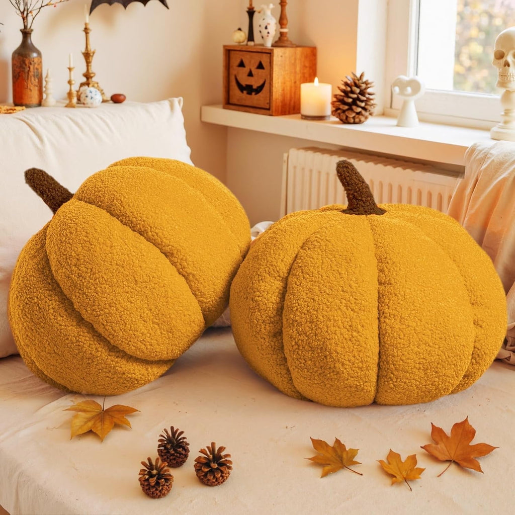 COOKCOK Pumpkin Pillows, Fall Pumpkin Pillow Set of 2, Large Size Throw Pillows Room Halloween Decoration Gifts, Teddy Fleece 14.2x10.2inch Accent Cushion for Holiday, Friends Gift, Yellow