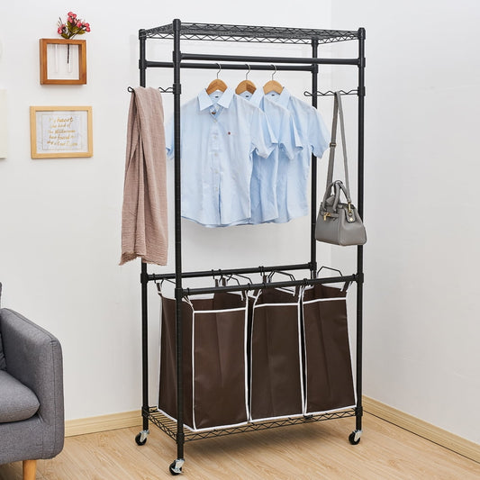 COOKCOK Rolling Laundry Basket Organizer with Wheels and Hanging Bar, Laundry Hamper Cart Laundry Sorter 3 Section, Dirty Clothes Hampers for Laundry Bedroom Bathroom